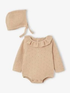 Barboteuse En Tricot Bébé Manches Longues Et Son Béguin - Beige Chiné -Vertbaudet Soldes Boutique barboteuse en tricot bebe manches longues et son beguin 6