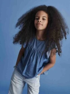 Blouse En Denim Léger Fille Manches Courtes à Volant - Stone