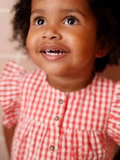 Blouse En Seersucker Vichy Bébé Manches Courtes à Volant - Carreaux Rouge