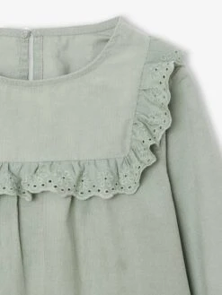 Blouse Fille Velours à Volants Détails Broderie Anglaise - Vert De Gris -Vertbaudet Soldes Boutique blouse fille velours a volants details broderie anglaise 6
