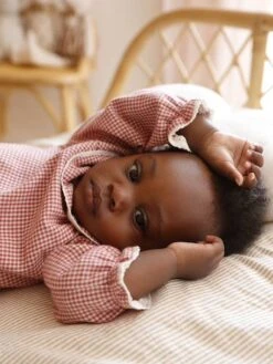 Blouse Naissance En Flanelle Vichy Avec Col Volanté - écru