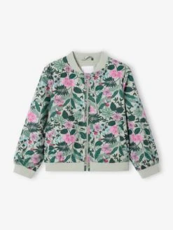 Blouson Style Bomber Motifs Fleurs Fille - Vert Sauge