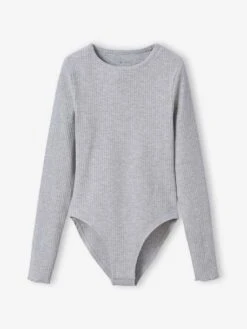 Body Manches Longues En Maille Côtelée Fille - Gris Chiné