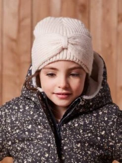 Bonnet Fille En Maille Côtelée Avec Noeud Fantaisie - Vieux Rose