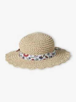 Chapeau En Paille De Papier Avec Ruban Imprimé Fleuri Fille - Bois