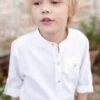 Chemise Col Mao En Coton/lin Garçon Manches Retroussables - Blanc