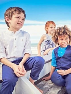 Chemise Col Mao En Coton/lin Garçon Manches Retroussables - Blanc -Vertbaudet Soldes Boutique chemise col mao en cotonlin garcon manches retroussables 2