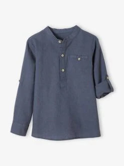 Chemise Col Mao En Coton/lin Garçon Manches Retroussables - Bleu Moyen -Vertbaudet Soldes Boutique chemise col mao en cotonlin garcon manches retroussables 28