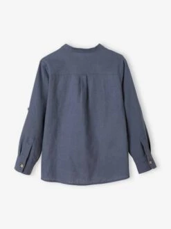 Chemise Col Mao En Coton/lin Garçon Manches Retroussables - Bleu Moyen -Vertbaudet Soldes Boutique chemise col mao en cotonlin garcon manches retroussables 29