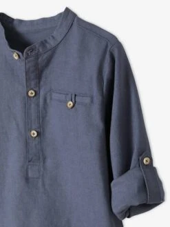 Chemise Col Mao En Coton/lin Garçon Manches Retroussables - Bleu Moyen -Vertbaudet Soldes Boutique chemise col mao en cotonlin garcon manches retroussables 30