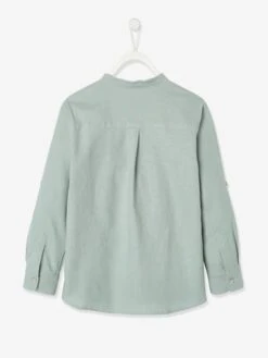 Chemise Col Mao En Coton/lin Garçon Manches Retroussables - Bleu Moyen -Vertbaudet Soldes Boutique chemise col mao en cotonlin garcon manches retroussables 33