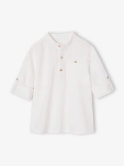 Chemise Col Mao En Coton/lin Garçon Manches Retroussables - Vert Sauge -Vertbaudet Soldes Boutique chemise col mao en cotonlin garcon manches retroussables 40