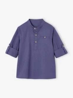 Chemise Col Mao En Coton/lin Garçon Manches Retroussables - Vert Sauge -Vertbaudet Soldes Boutique chemise col mao en cotonlin garcon manches retroussables 49