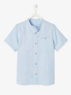 Chemise Col Mao Garçon En Coton/ Lin Manches Courtes - Bleu Ciel
