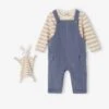 Coffret Bébé T-shirt Manches Longues + Salopette + Doudou - Bleu Grisé