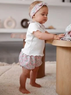 Coffret Cadeau Ensemble Bébé T-shirt + Bloomer + Bandeau + Doudou - écru