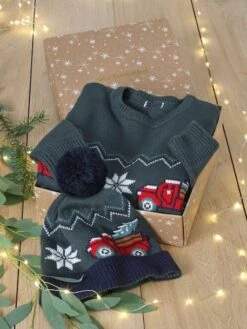 Coffret Noël Pull Jacquard Et Bonnet à Pompon Garçon - Vert Sapin