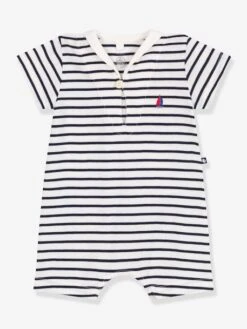 PETIT BATEAU Combicourte Bébé à Col Vareuse En Coton Rayé - Marine
