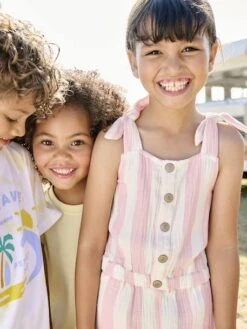 Combishort à Grosses Rayures Fille En Gaze De Coton - Rose Bonbon -Vertbaudet Soldes Boutique combishort a grosses rayures fille en gaze de coton 5