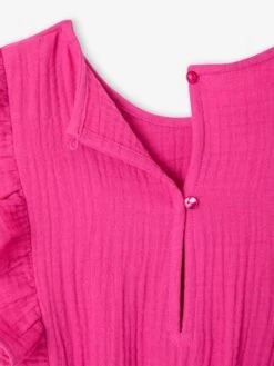 Combishort à Volants En Gaze De Coton Fille - Fuchsia -Vertbaudet Soldes Boutique combishort a volants en gaze de coton fille 3