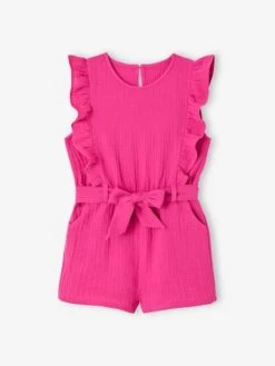 Combishort à Volants En Gaze De Coton Fille - Vert Sauge