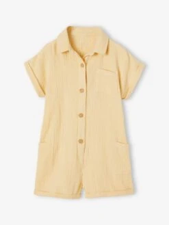 Combishort En Gaze De Coton Fille - Jaune Pastel