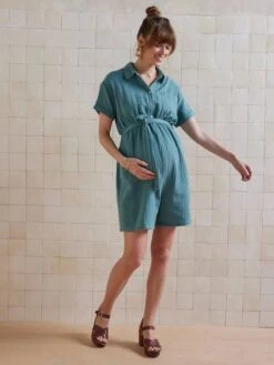 Combishort Grossesse Et Allaitement En Gaze De Coton - Vert émeraude