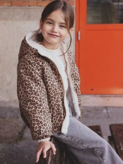 Coupe-vent à Capuche Réversible Fille Léopard/sherpa - Beige