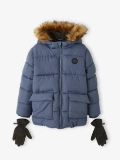 Doudoune Garçon à Capuche Doublée Polaire Avec Gants Ou Moufles - Bleu