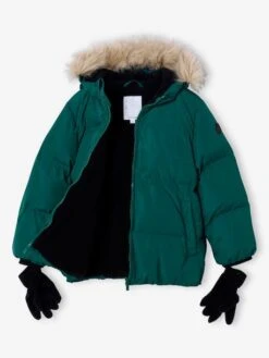 Doudoune Garçon à Capuche Doublée Polaire Avec Moufles Ou Gants - Ambre -Vertbaudet Soldes Boutique doudoune garcon a capuche doublee polaire avec moufles ou gants 12