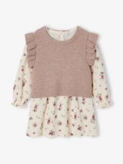 Ensemble 2 Pièces Bébé Robe Imprimée Et Pull Sans Manches - écru