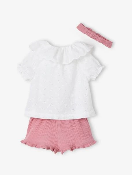 Ensemble 3 Pièces Bébé Blouse Brodée, Short En Gaze De Coton Et Son Bandeau Assorti - Rose 4 Ensemble 3 Pièces Bébé Blouse Brodée, Short En Gaze De Coton Et Son Bandeau Assorti - Rose – Image 4