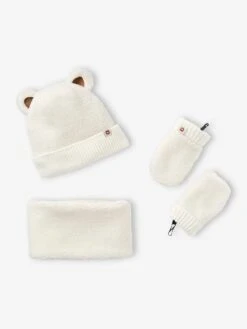 Ensemble "Bear Mood" Bébé Garçon Bonnet + Snood + Moufles En Sherpa - écru