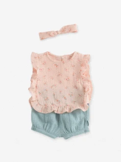 Ensemble Bébé : Blouse + Short + Bandeau En Gaze De Coton - Rose Pâle