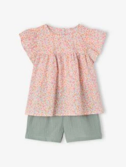 Ensemble Blouse Imprimée Et Short En Gaze De Coton Fille - Jaune Pastel -Vertbaudet Soldes Boutique ensemble blouse imprimee et short en gaze de coton fille 38