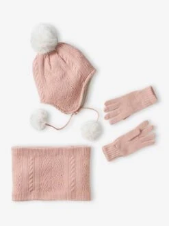 Ensemble Bonnet + Snood + Gants En Maille - Rose Poudré