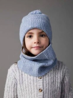 Ensemble Bonnet + Snood + Moufles En Maille Torsadée Mousseuse - Bleu Grisé