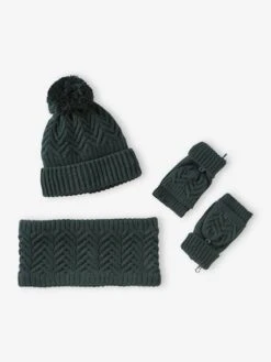 Ensemble Bonnet + Snood + Moufles/mitaines En Maille Torsadée Garçon - Vert Sapin -Vertbaudet Soldes Boutique ensemble bonnet snood mouflesmitaines en maille torsadee garcon 12
