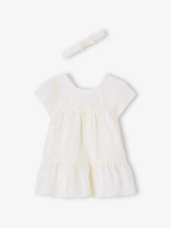 Ensemble Cérémonie Robe Rayée Fil Brillant + Bandeau Assorti Bébé - Rayé Blanc