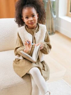 Ensemble Fille 3 Pièces Robe Gilet Sherpa Collant - Olive