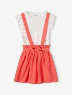 Ensemble Fille T-shirt à Volants Et Jupe à Bretelles En Gaze De Coton - Corail