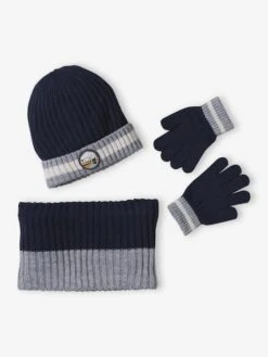 Ensemble Garçon Bonnet + Snood + Gants « Montagnes » - Gris Chiné