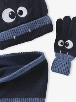 Ensemble Garçon Bonnet + Snood + Moufles/gants « Monstre » - Marine -Vertbaudet Soldes Boutique ensemble garcon bonnet snood mouflesgants monstre 1 5