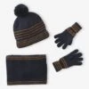 Ensemble Rayé Garçon Bonnet + Snood + Moufles/gants - Bleu Chambray