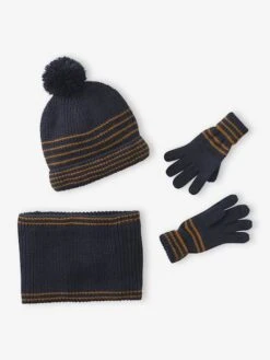 Ensemble Rayé Garçon Bonnet + Snood + Moufles/gants - Bleu Chambray