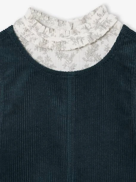 Ensemble Robe Chasuble En Velours Et Blouse Gaze Coton Fille - Bleu Pétrole 3 Ensemble Robe Chasuble En Velours Et Blouse Gaze Coton Fille - Bleu Pétrole – Image 3