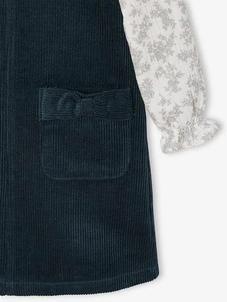 Ensemble Robe Chasuble En Velours Et Blouse Gaze Coton Fille - Bleu Pétrole 4 Ensemble Robe Chasuble En Velours Et Blouse Gaze Coton Fille - Bleu Pétrole – Image 4