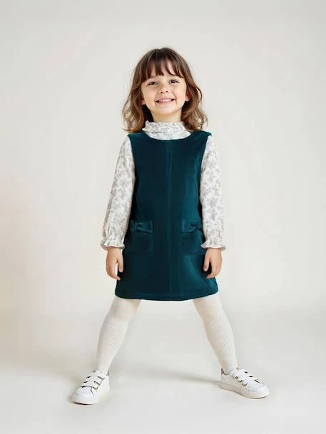 Ensemble Robe Chasuble En Velours Et Blouse Gaze Coton Fille - Bleu Pétrole 1 Ensemble Robe Chasuble En Velours Et Blouse Gaze Coton Fille - Bleu Pétrole