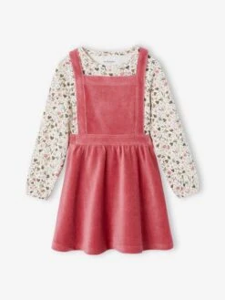 Ensemble Robe Tablier En Velours Et T-shirt Fille - Rose