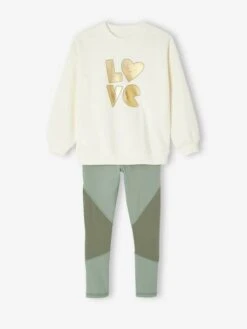 Ensemble Sport Sweat Motif Doré + Legging Fille - Vert Sauge